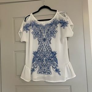 Blue embroidered button-back white summer blouse!